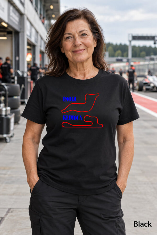Imola Keimola T-paita mustana kahden moottoriradan rataprofiileilla